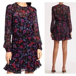 VERONICA BEARD Robin Black Floral-Print Long-Sleeve Silk Mini Dress Size…